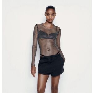 Zara Black Rhinestone Mesh Long-Sleeve Bodysuit